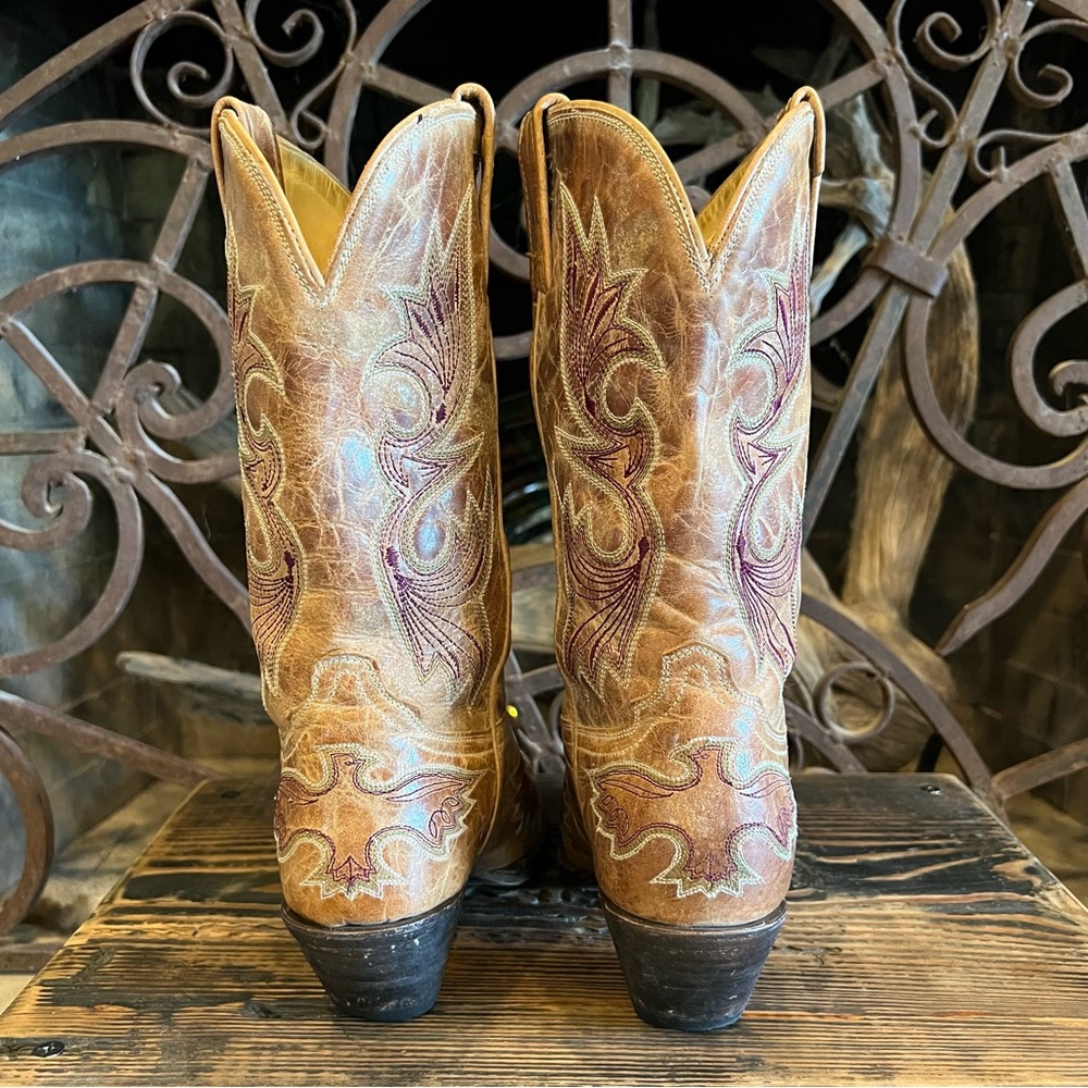 RARE Vintage Corral  Eagle Cognac Tan Burgundy/olive detail Cowboy Boots 8.5M - Picture 6 of 15